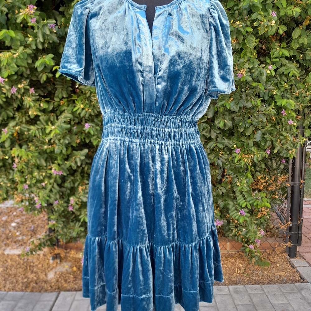 Anthropologie Somerset Women’s Small Velvet Blue Short-Sleeve Tiered Dress NWT - Picture 3 of 15